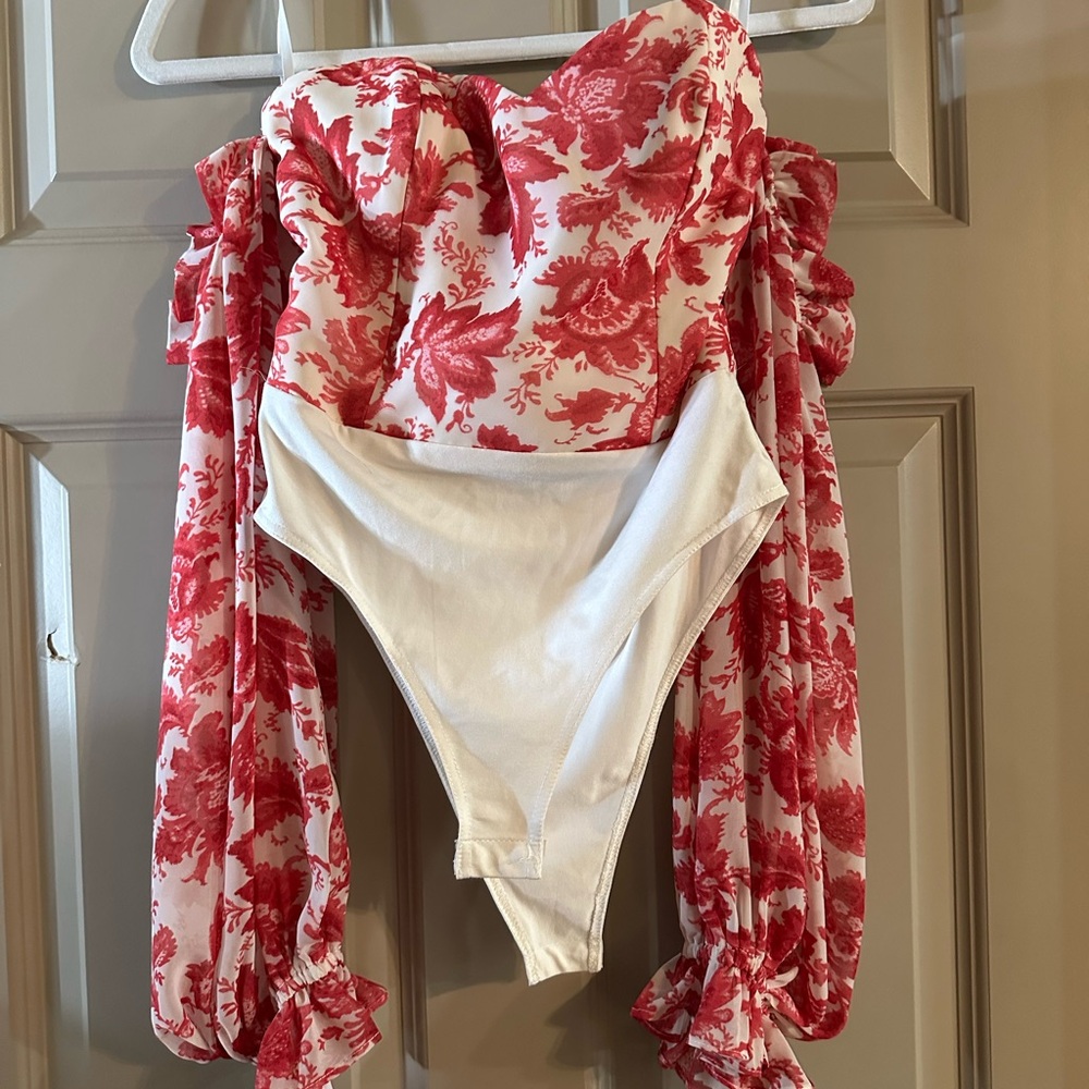 Floral Red and White Off-Shoulder Bodysuit